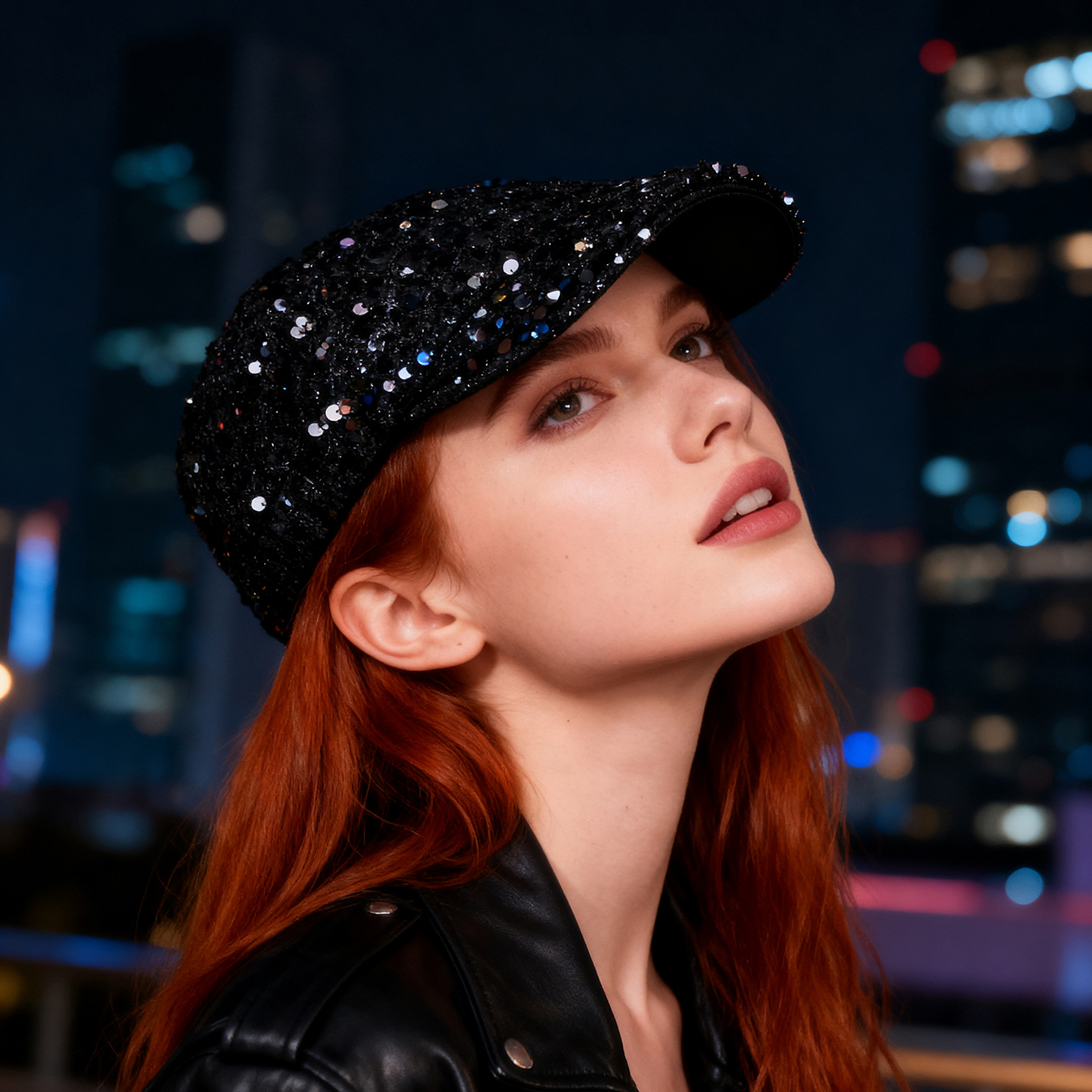 Fashionable Plain-color Sequined Forward Hat - Classic And Versatile, With Lustrous Petal-like Brim. Suitable For Stage Performances.