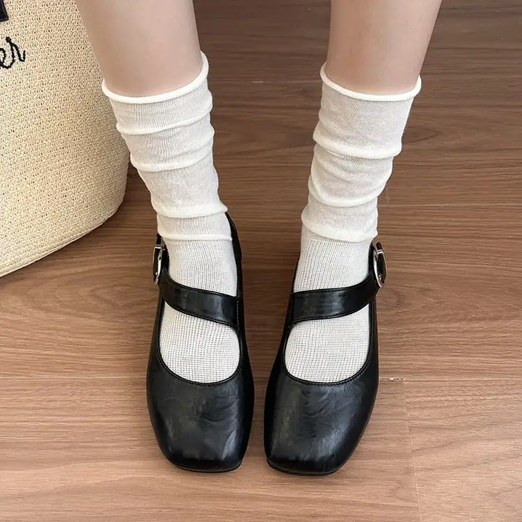 New Soft Leather Square Toe Grandma Shoes, Flat Versatile Women's Low-cut Flats