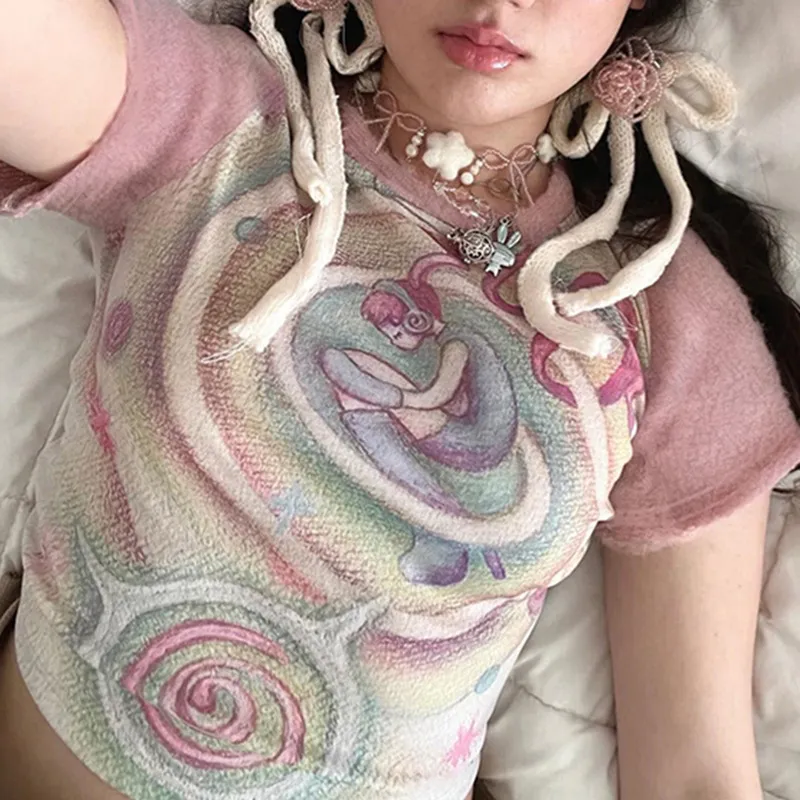 Sweet Girl Pink Dopamine Features Printed Plunge Sleeve T-shirt Summer Round Neck Collar Collision Color Basic Tops - Pink