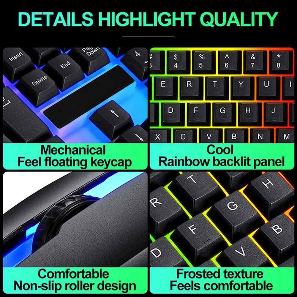 UK Gaming Keyboard And Mouse Set RGB LED USB For PC Laptop Xbox One PS4 PS 5