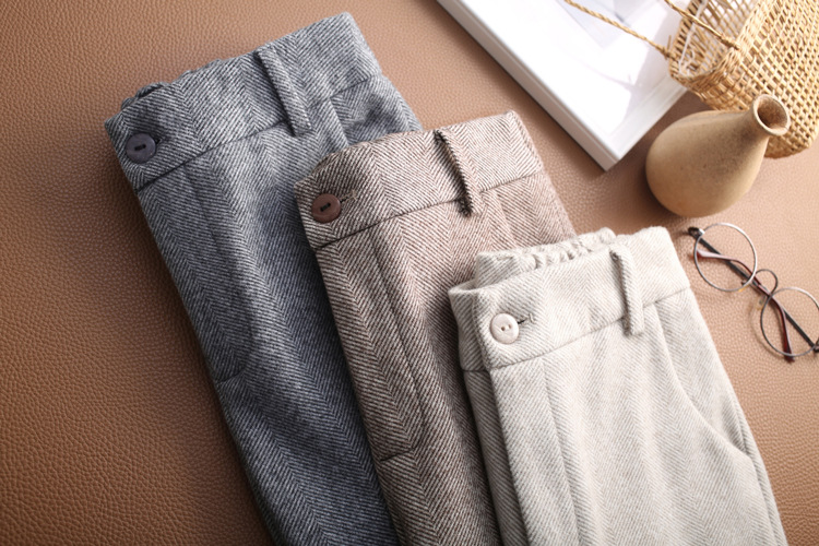 Thick Woolen Herringbone Pattern Large Size Thin High Waist