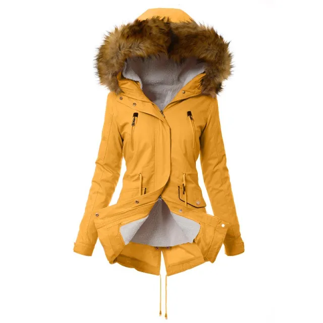 Women's Padded Coat Mid length Zipper Slim Jacket With Hooded Fur Collar Yellow - Shop at LoveMi