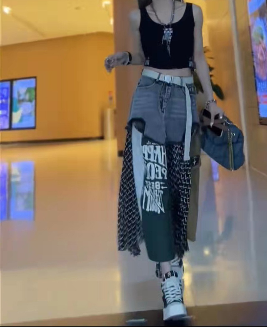 Women’s High Waist Washed Denim Splicing Fashion Print Casual Skirt