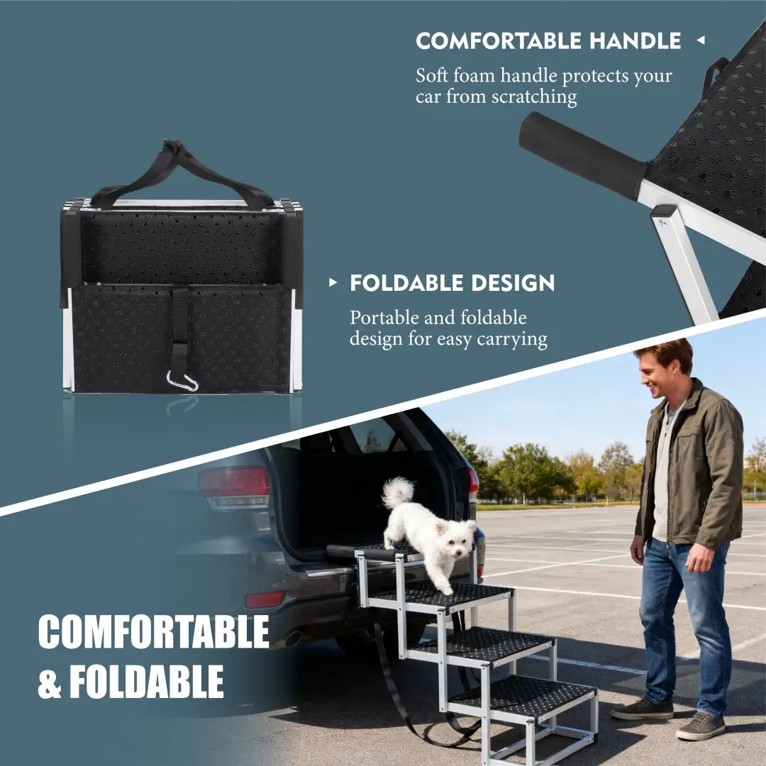Foldable Dog Ramp For Cars, SUVs, Trucks, Portable Pet Dog Stairs For Large Dogs With Non-Slip Surface Reinforced Design, Lightweight Yet Sturdy Supports Up To