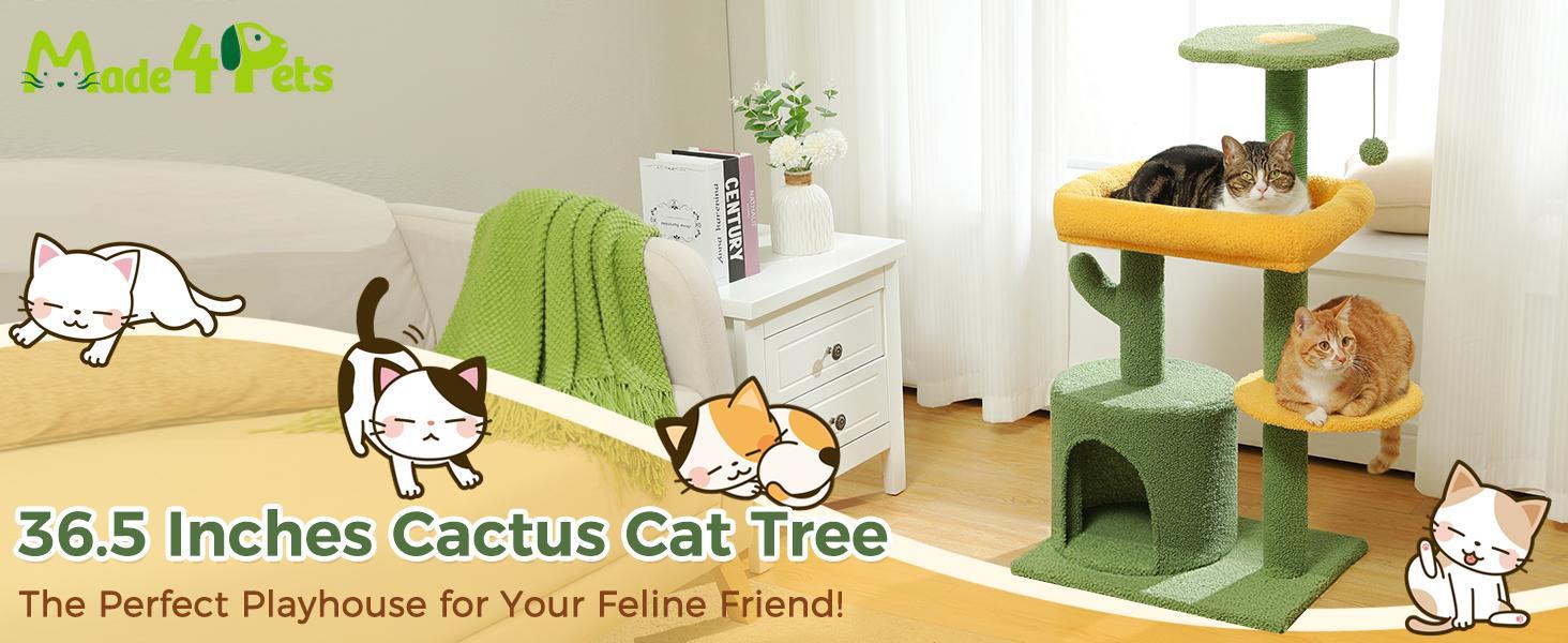 36.5 Inch Indoor Multi-layer Cactus Shape Cat Private Apartment Cat Tower With Cat Scratching Post And Plush Cat Bed