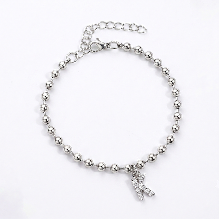 A-Z Initial Letter Bracelet For Women, 18K Gold Plated Stainless Steel Beaded Chain, Sparkling Glass Rhinestone Alphabet Charm Jewelry