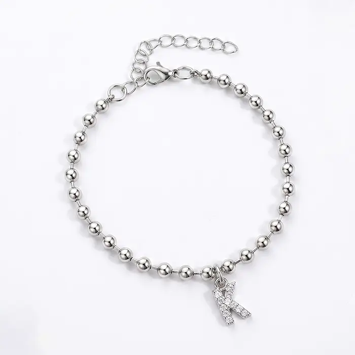 A-Z Initial Letter Bracelet For Women, 18K Gold Plated Stainless Steel Beaded Chain, Sparkling Glass Rhinestone Alphabet Charm Jewelry