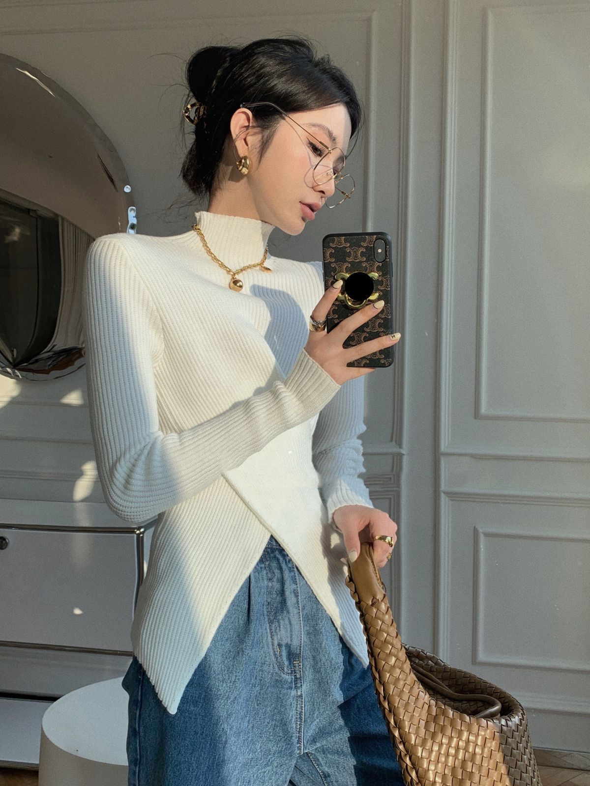 Temperament High Neck Solid Color Slim Slimming Irregular Split Sweater