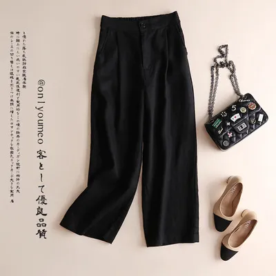 Cotton Linen Women's Wide Leg Thin Casual Pants - Black