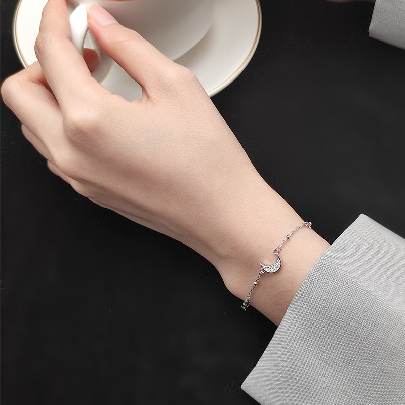 Simple And Fashionable Star Diamondmoon And Small Silver Beads Bracelet