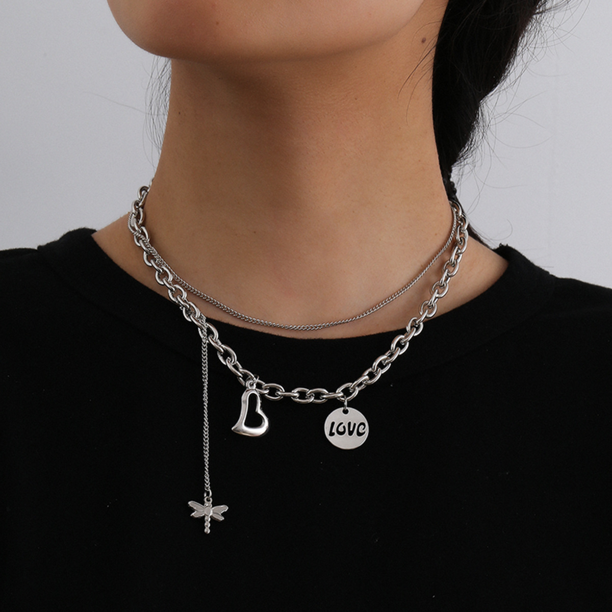 Women's Fashion Stainless Steel Couple Dragonfly Pendant Necklace