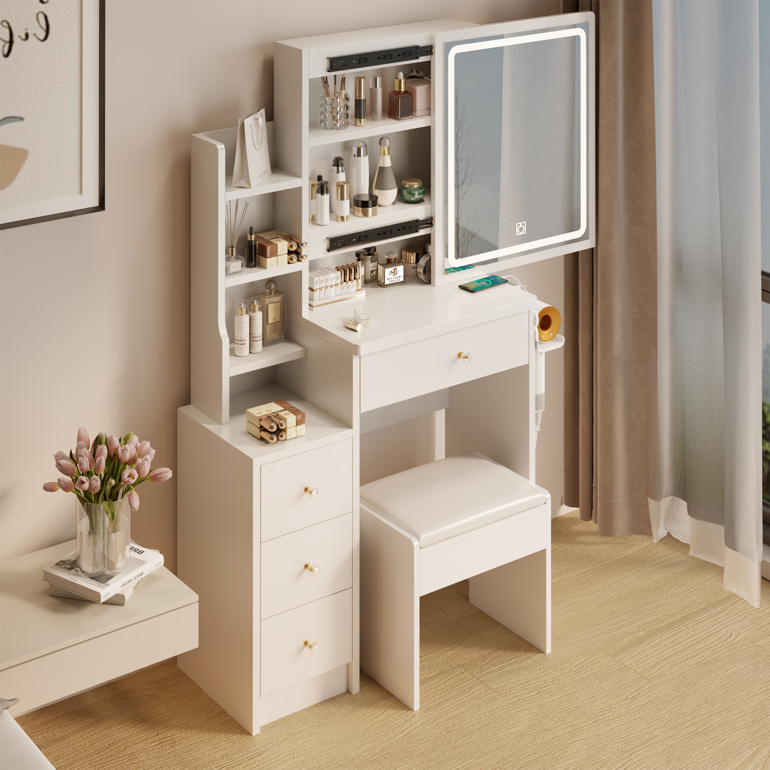 Small Space Left Bedside Table, Dressing Table, And Cushioned Stool