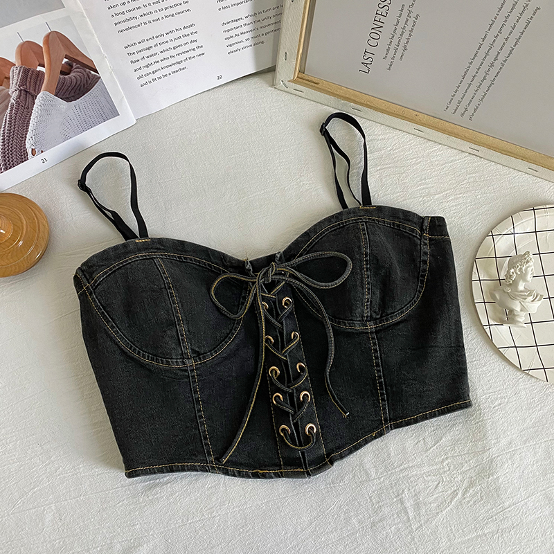 Bow Tie Drawstring Cropped Denim Camisole