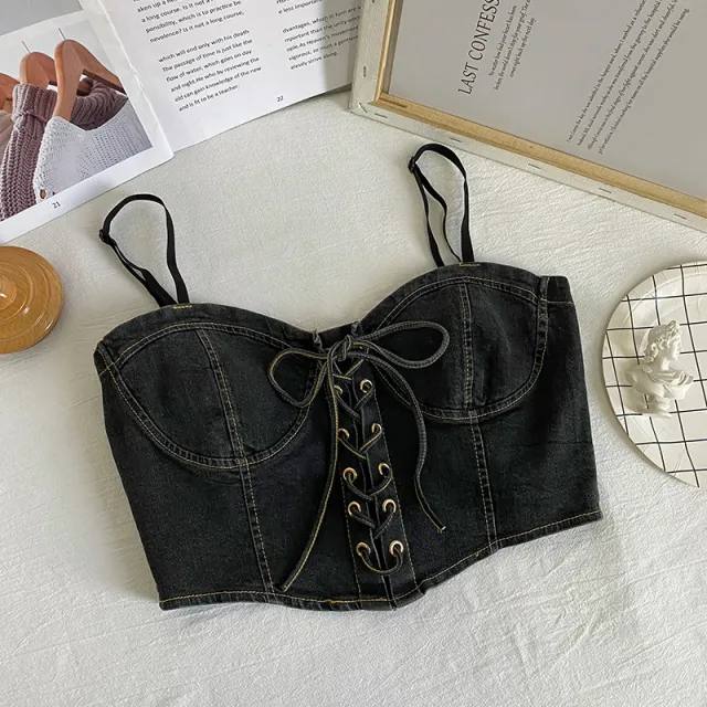 Bow Tie Drawstring Cropped Denim Camisole Black - Shop at LoveMi