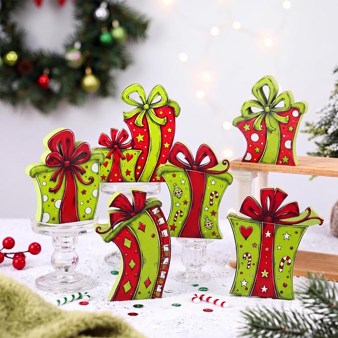 6-Piece Christmas Table Decor Set, Wooden Elf Gift Box Signs