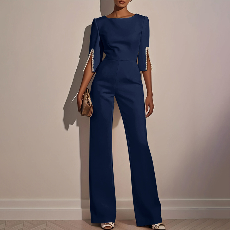 Women's Elegant Round Neck Jumpsuit Mid Sleeve With Side Slit Cuffs & Pearl Accents, Back Zipper Design For Casual To Formal Events Navy - Shop at LoveMi