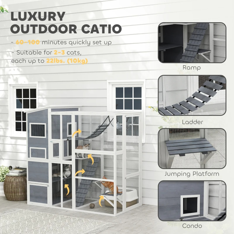 Large Wooden Catio Outdoor, Cat Enclosure W 4 Tier Resting Rooms, 3 Platforms, 1 Soft Ladder, 2 Ramps, 1 Hammock, Gray