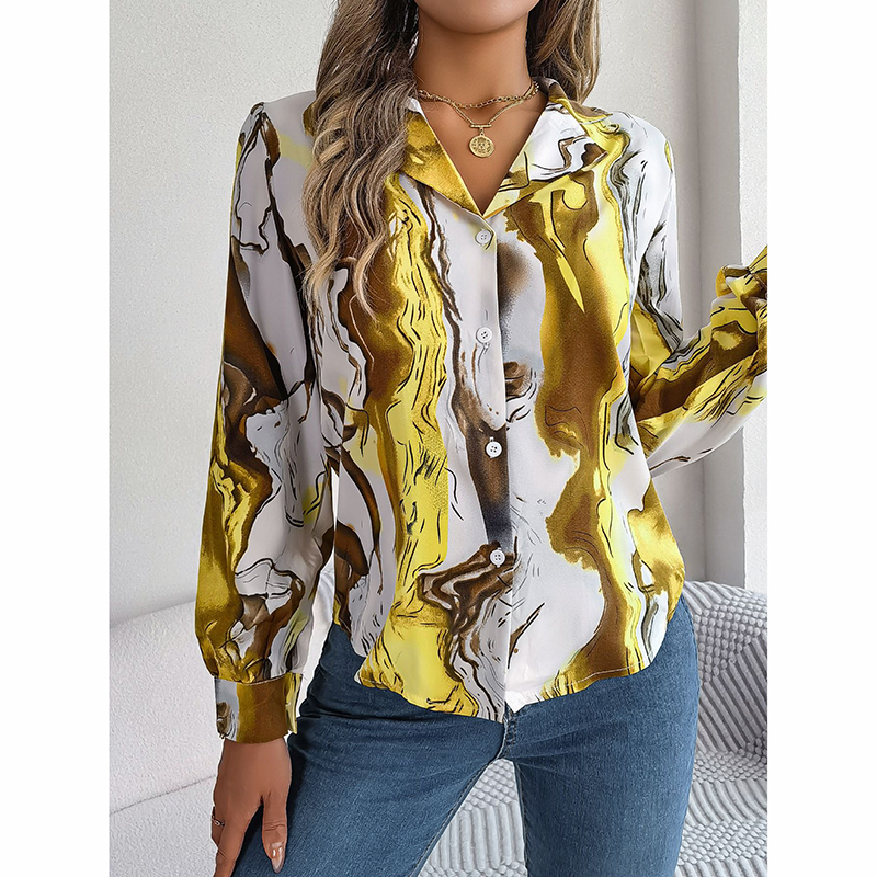 Women Fashion Button Down Shirts V Neck Printed Long Sleeve Blouses Dressy Casual Fall Tops Yellow - Shop at LoveMi