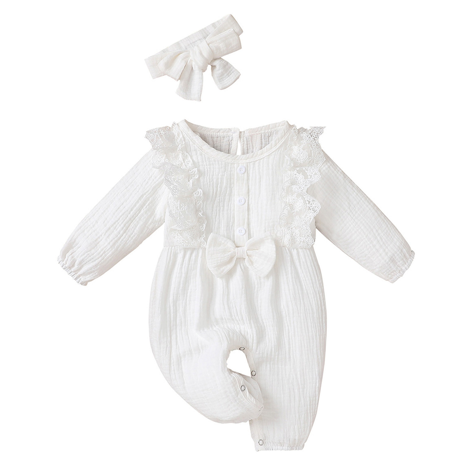Cotton And Linen Lace Flying Sleeves Solid Color Romper For Girls