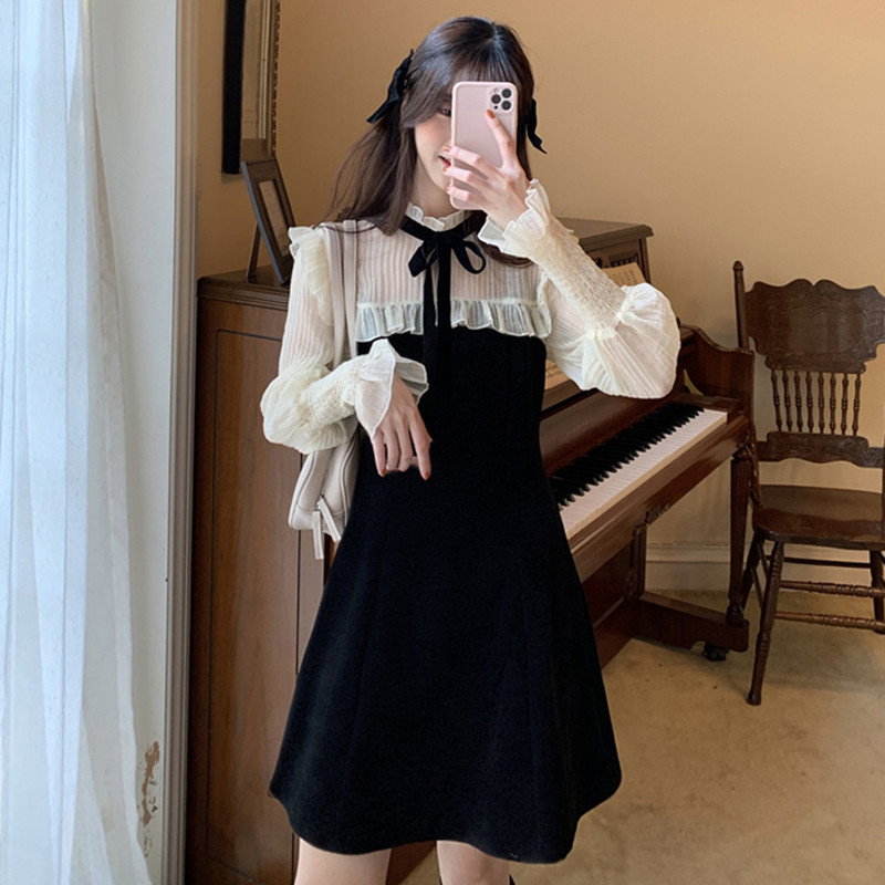 French Retro Stitching Dress Waist Slim Korean Style