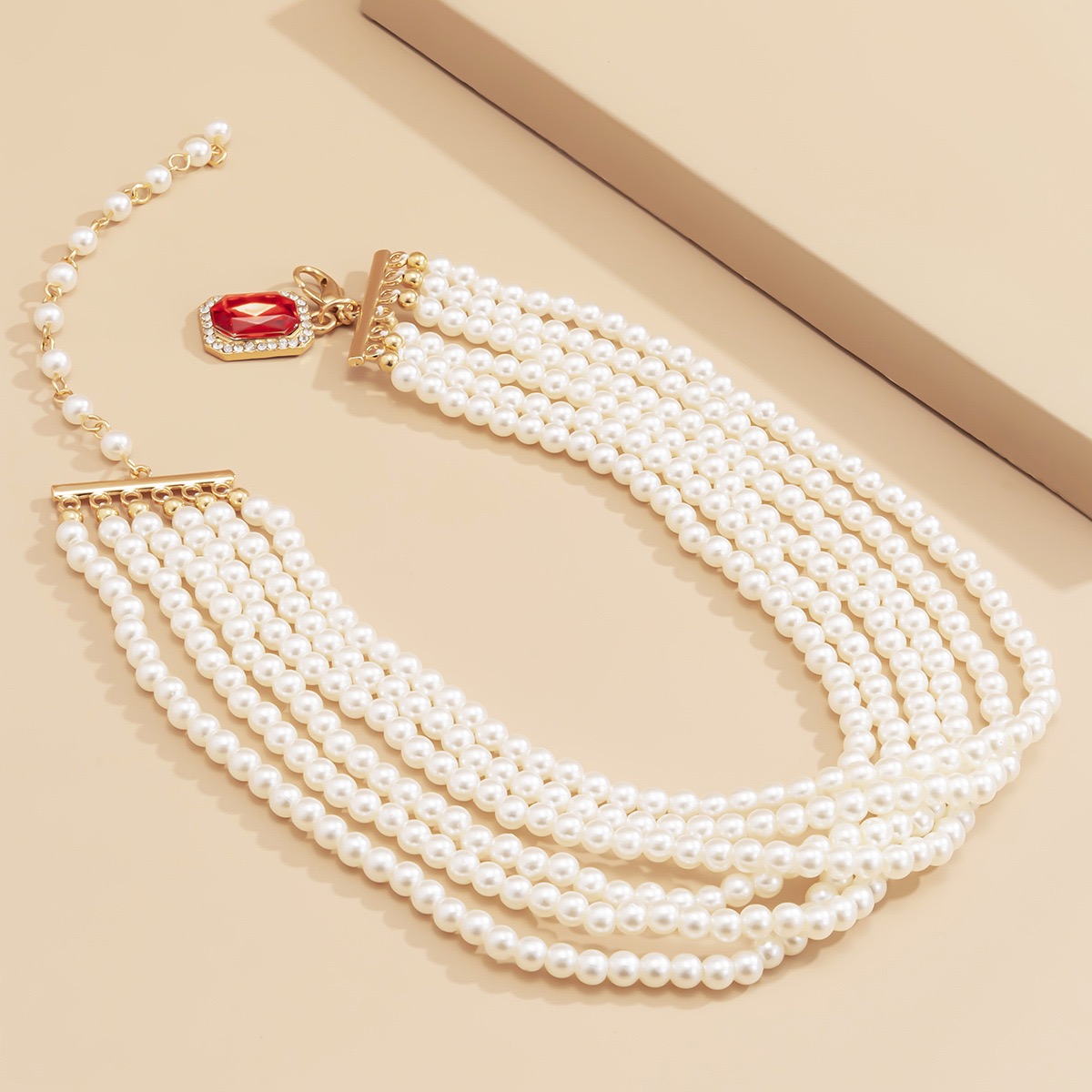 Red Square Gemstone Imitation Pearl Multi-layer Temperament Necklace Women