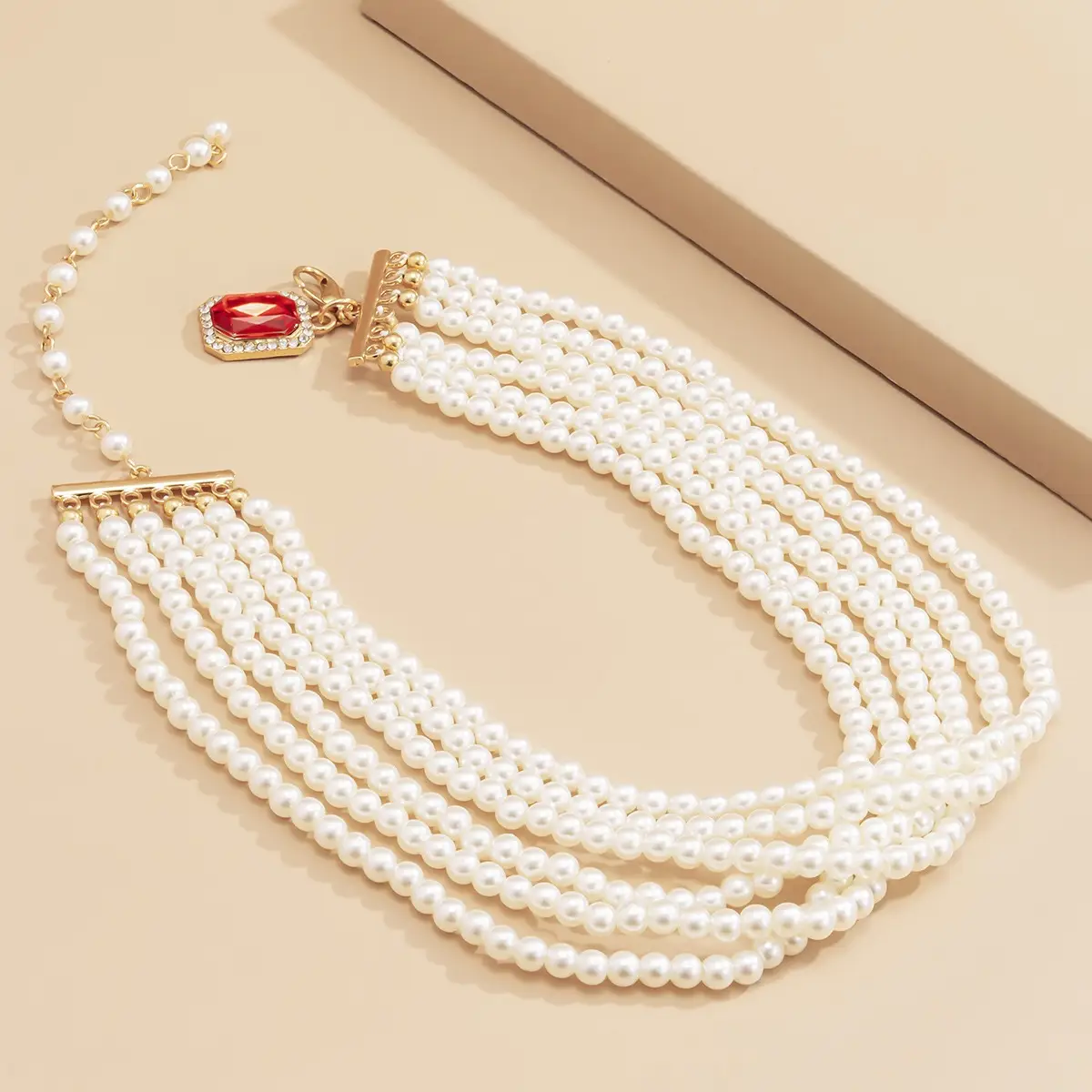 Red Square Gemstone Imitation Pearl Multi-layer Temperament Necklace Women