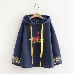 Japanese Style Fleece Thickened Hooded Sweater Loose Retro Embroidery - Blue - View 1