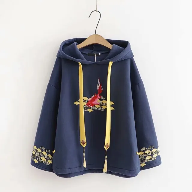 Japanese Style Fleece Thickened Hooded Sweater Loose Retro Embroidery Navy - Shop at LoveMi