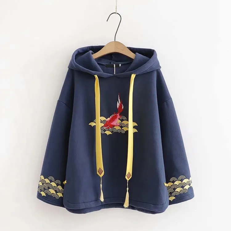 Japanese Style Fleece Thickened Hooded Sweater Loose Retro Embroidery - Navy