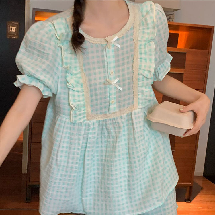 Title 5, Womens Fashionable Cotton Gauze Plaid Ruffle S...