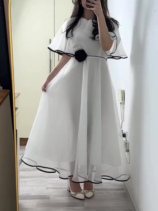 White Chiffon Maxi Dress With Black Trim And Floral Accent White - Shop at LoveMi