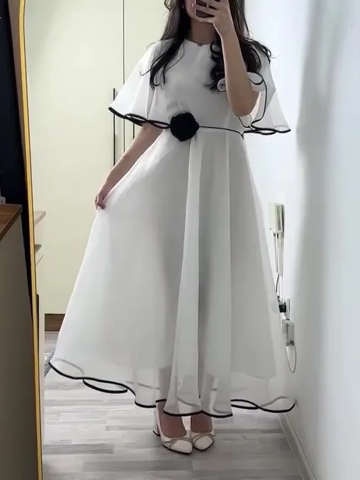 White Chiffon Maxi Dress With Black Trim And Floral Accent White - Shop at LoveMi