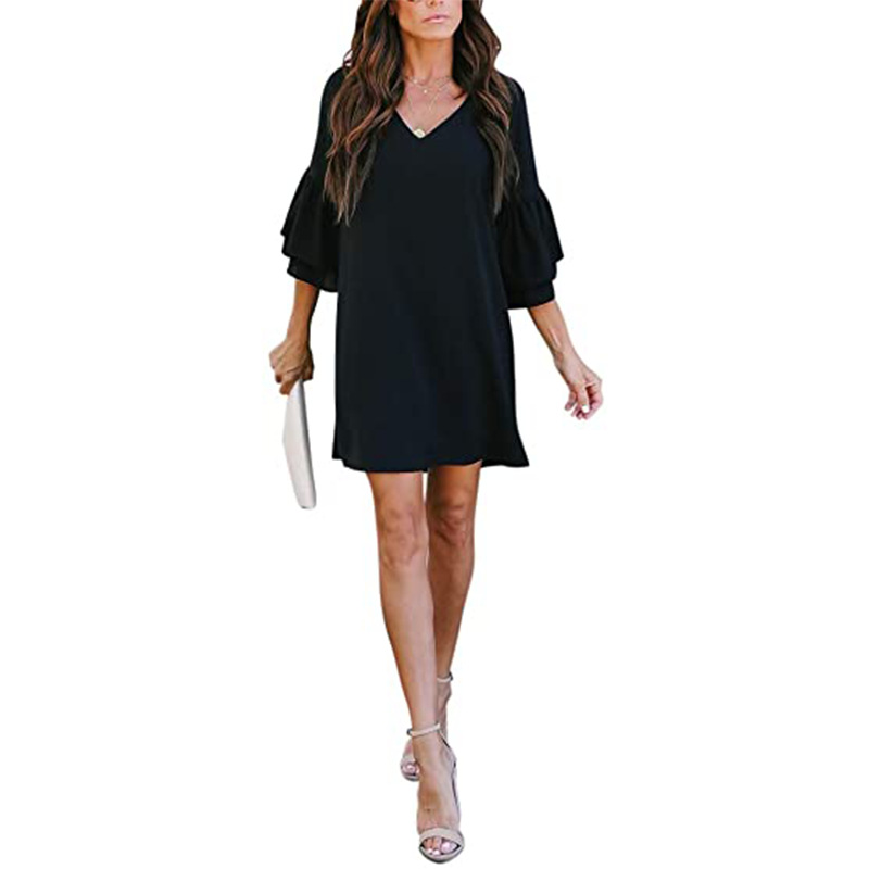 Women's Loose Casual V Neck Flared Mid Sleeve Dress