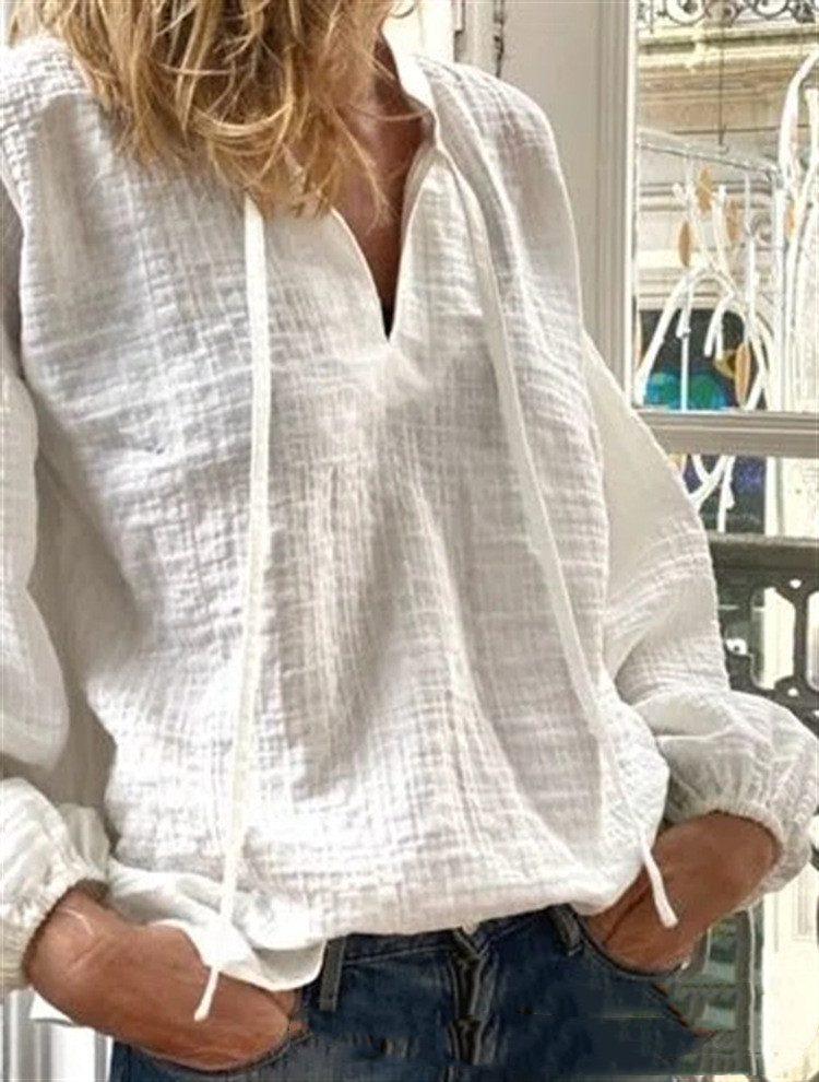 Fashion Trend Casual Cotton Linen Solid Color Long Sleeve Top