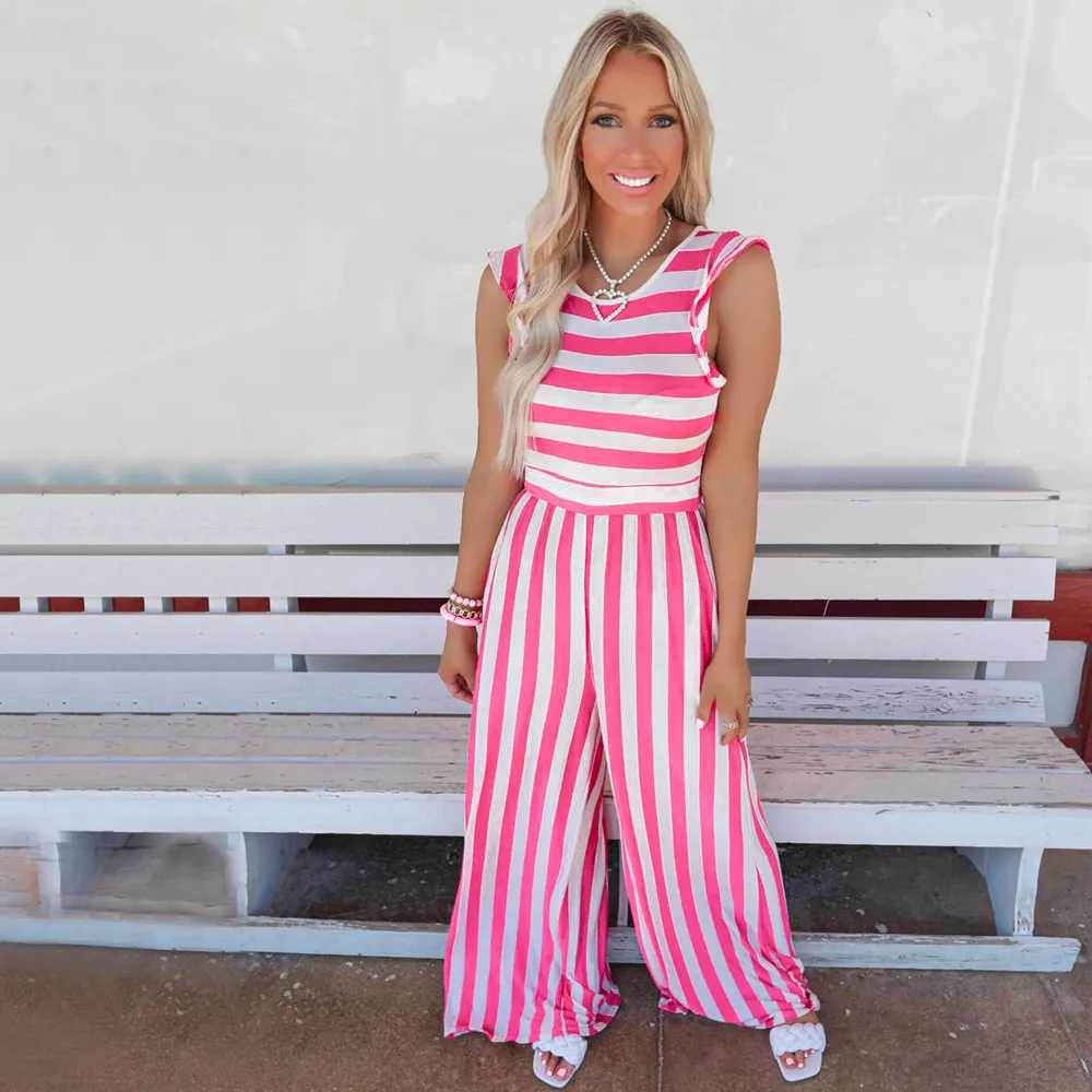 New Striped Crew Neck Sleeveless Casual Jumpsuit - Red