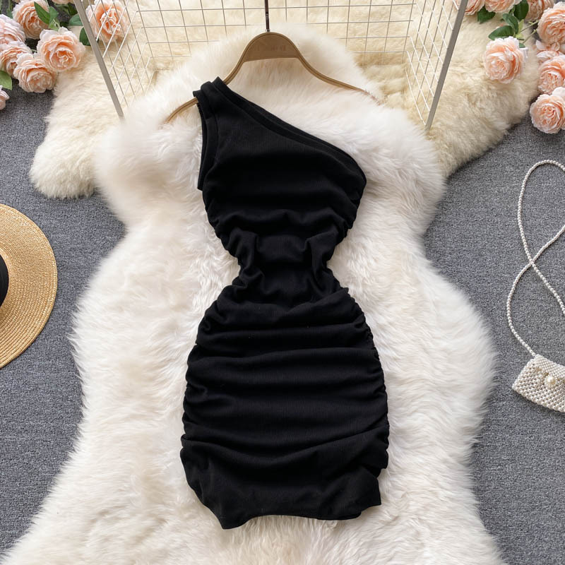 Women's Slanted Shoulder Tube Top Pleated Solid Color Dress - 9