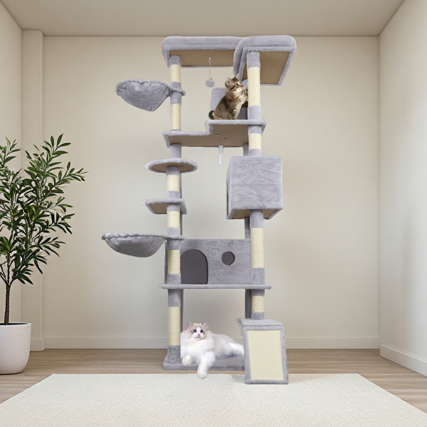 84.6 In Light Gray Cat Tree Tower With Wide Base, 3 Large Hinding Condo, 11 Sisal Scratching Post, Sisal Scratching Ladder, 2 Hammocks, Large Top Platform, Many Landing Perch And Interactive 