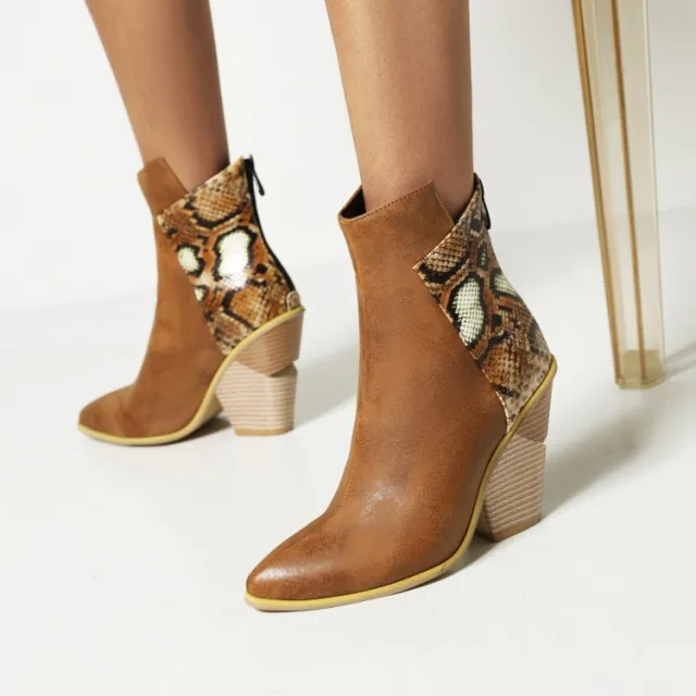 New Women's Short Boots Pointed Color Contrast Back Zipper Brown - Shop at LoveMi