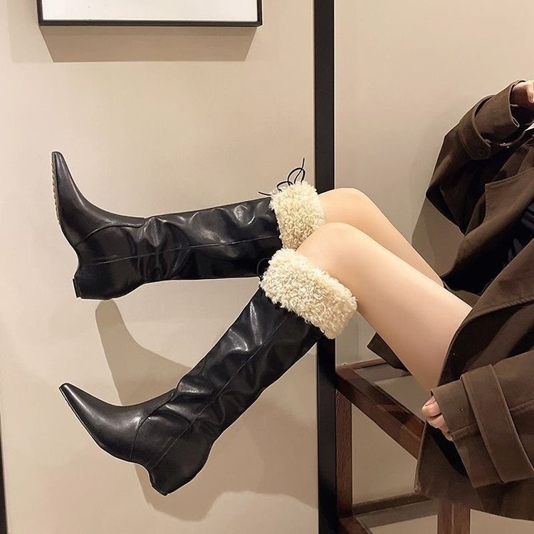 Lazy Style Autumn Winter Fashion Knee High Boots Women Pointed Toe Inner Height Fleece Lined Ruched Boots