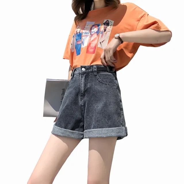 Summer Elastic Waist Turn up Wide Leg Denim Shorts Grey - Shop at LoveMi