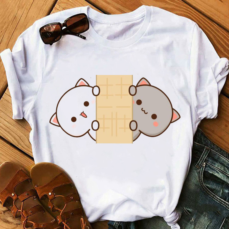 Title 2, Cute Cartoon Cat Print Couple White T-shirt Loo...