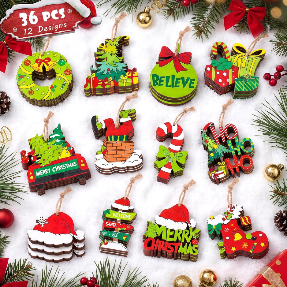36Pcs Wooden Christmas Ornaments For Tree, Hanging Holiday Decor