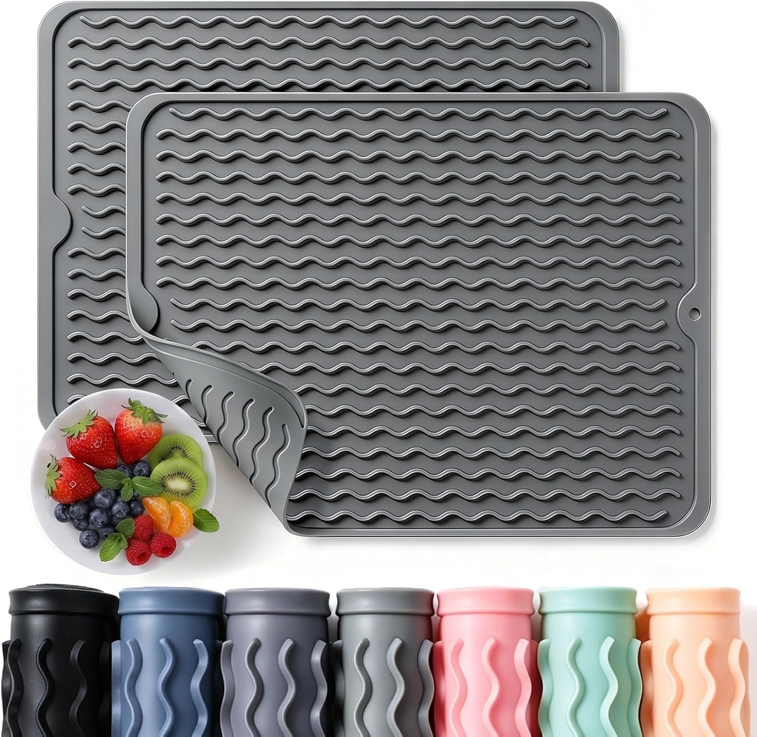 2 Pack Silicone Dish Drying Mats, Heat Resistant Waterproof Kitchen Counter Mats For Dishes, Utensils, Coffee Bar & Countertop Decor