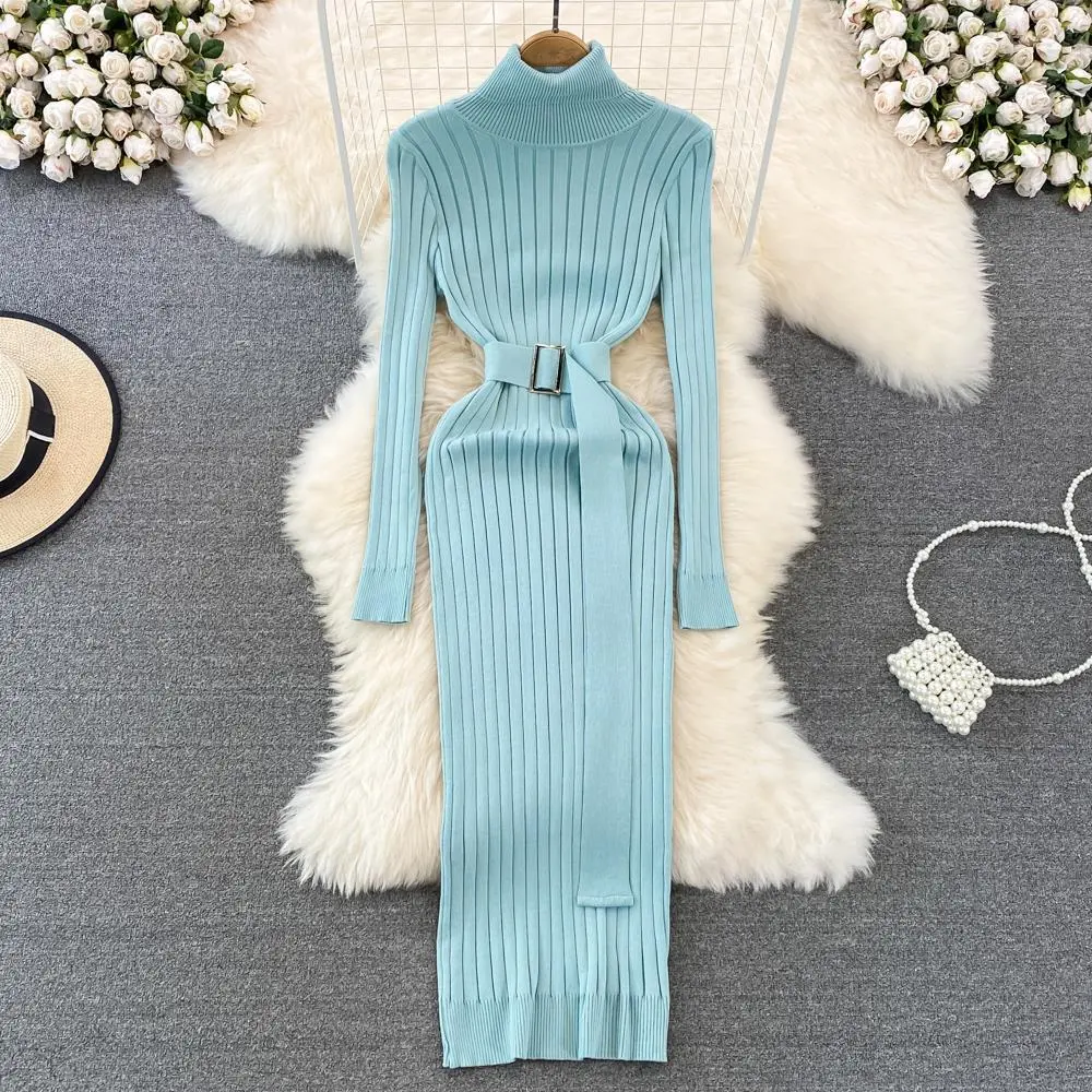 Elastic Tight-fitting Knitted Buttock Dress - Lake Blue