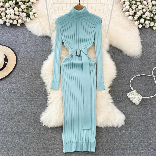 Elastic Tight fitting Knitted Buttock Dress Lake Blue - Shop at LoveMi