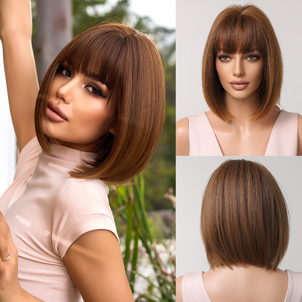 Female Qi Bang Short Bobo Full Headpiece Wig Brown - Shop at LoveMi