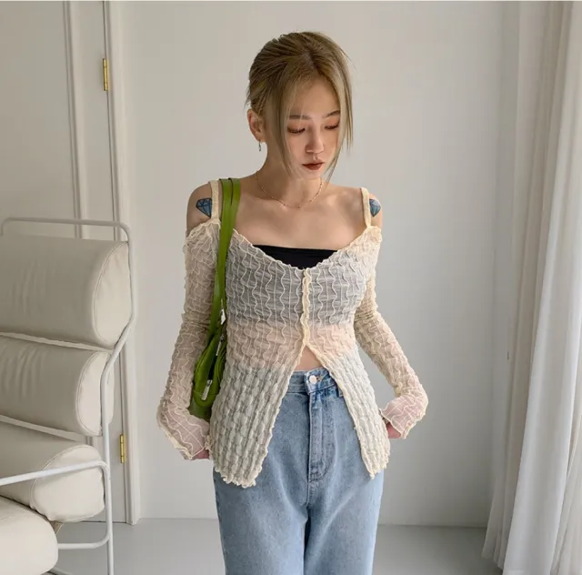 Summer Fashion V neck Lightweight Perspective Split T shirt Apricot - Shop at LoveMi
