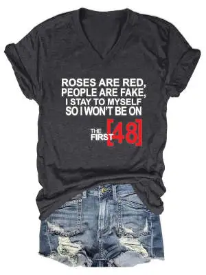 Women's 3d Digital Printed Letter Printed V neck Short sleeved Shirt Blue - Shop at LoveMi