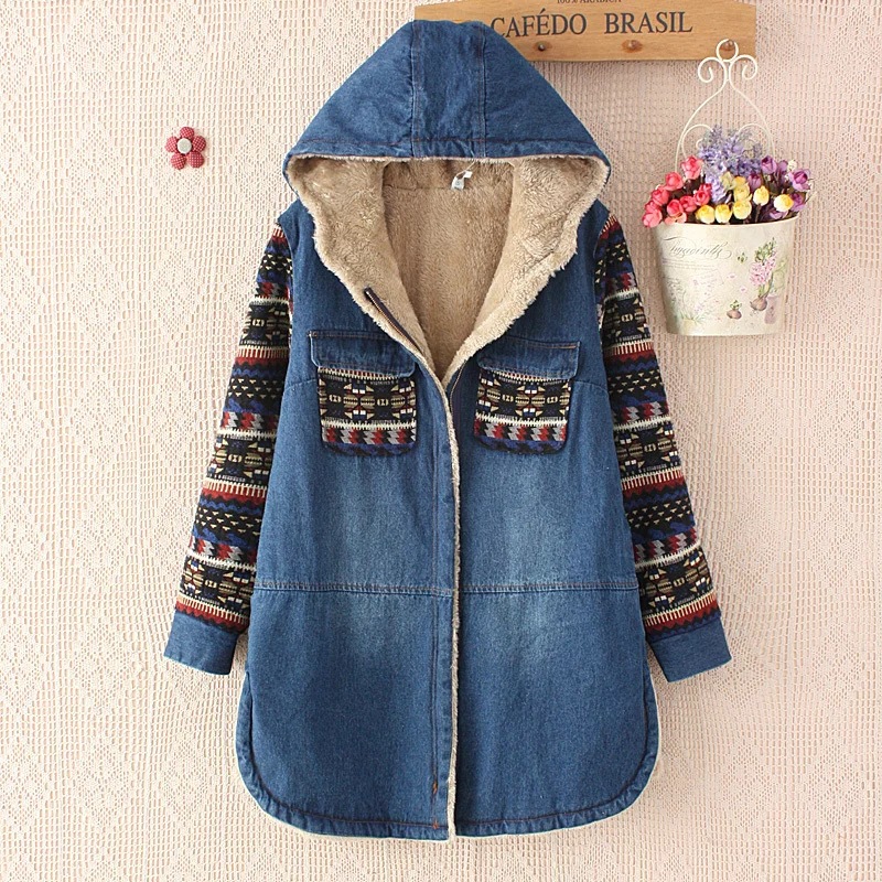 Retro Color blocked Sleeve Printed Hooded Denim Cotton Coat Blue - Shop at LoveMi