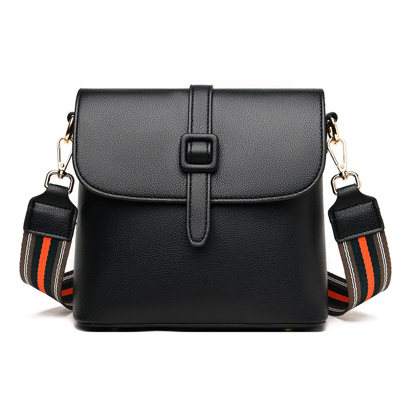Women's Leather Strap Crossbody Shoulder Bag - Black